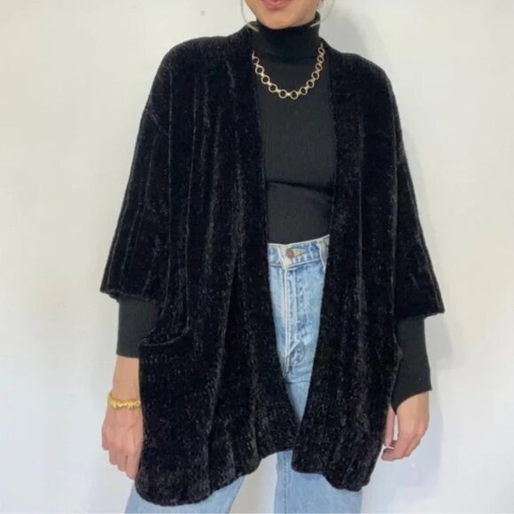 Moth Anthropologie LILY Soft Chenille Black Oversized Knit Cardigan Sweater XS - Picture 1 of 5